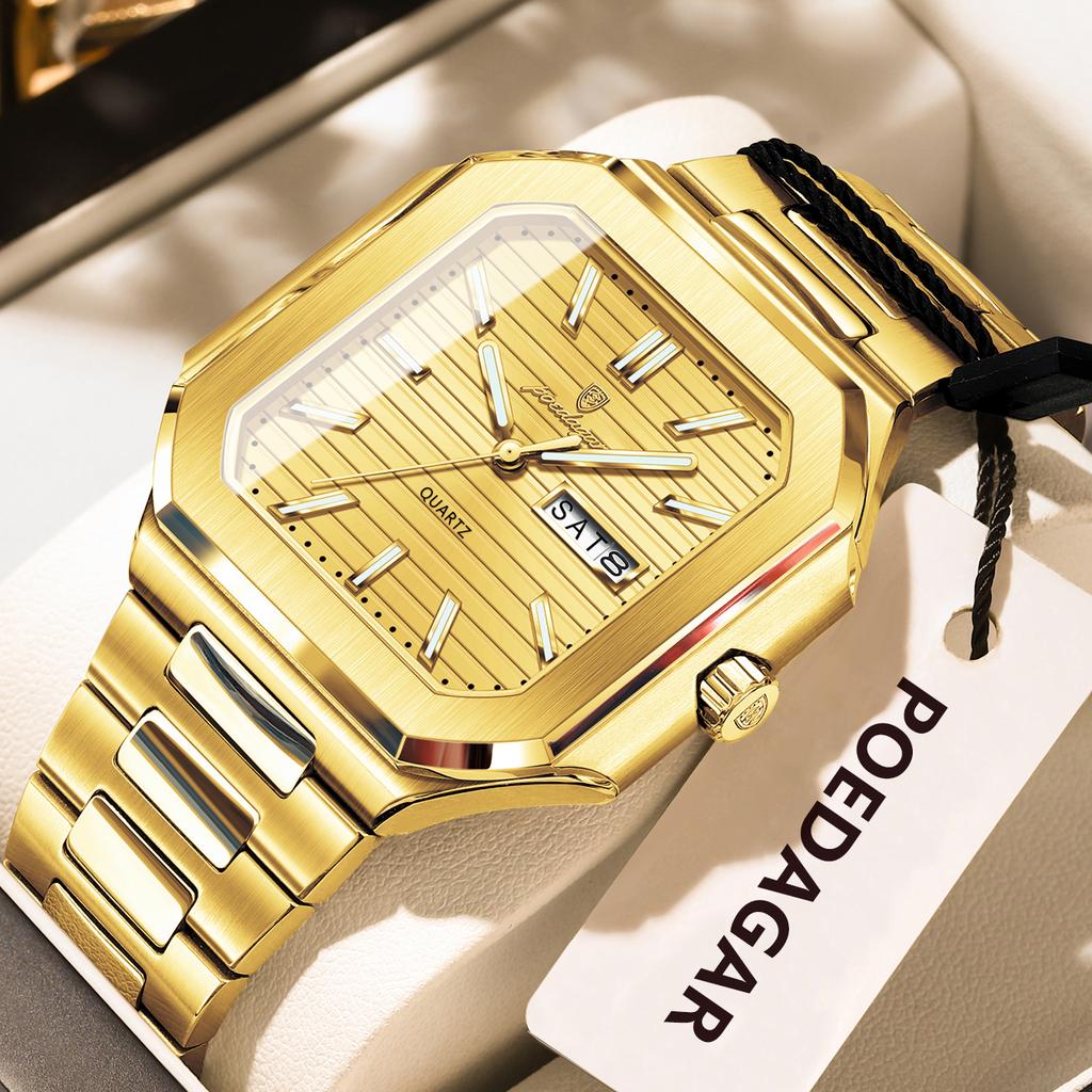 POEDAGAR Square Fashion Man Wristwatch Waterproof Luminous Date Week Quartz Men's Watches Stainless Steel Luxury Men Watch Reloj
