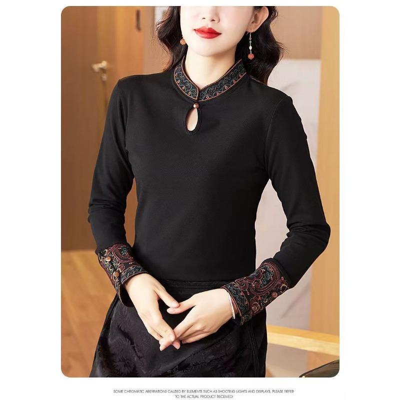 Temperament Embroidered Stand Collar Chinese Style Women's Chinese Retro Literary Long-sleeved Autumn and Winter Bottoming