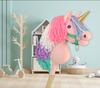 Hobby Horse Unicorn on a Stick Pink with Colorful Mane and Golden Horn A4