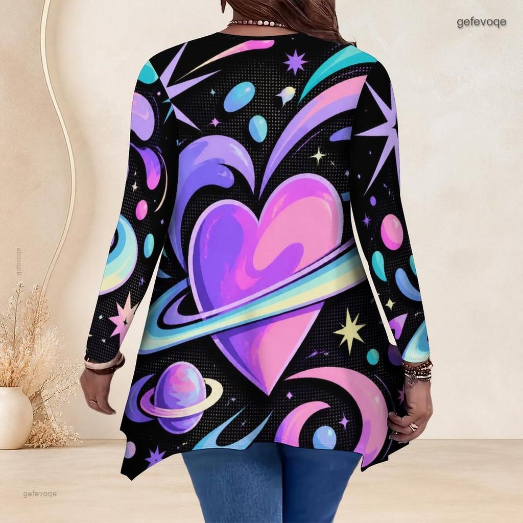 Women Plus Size V Neck Long Sleeve Printed Asymmetric Hem Flared Tunic Top