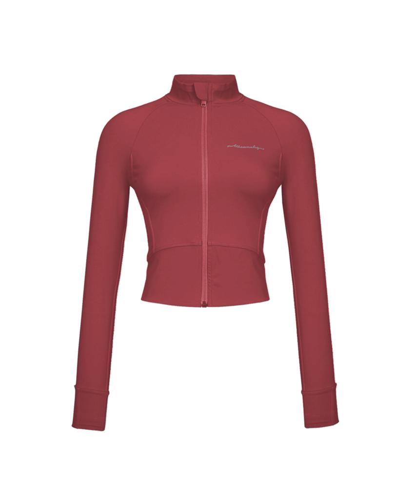 WANNABEZFIT Lettering Zip-Up Crop Jacket Burgundy