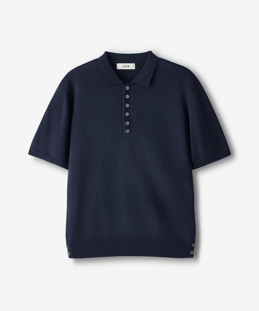 ECORR Linen Henley Neck Collar Crop Short Sleeve Knit_Navy