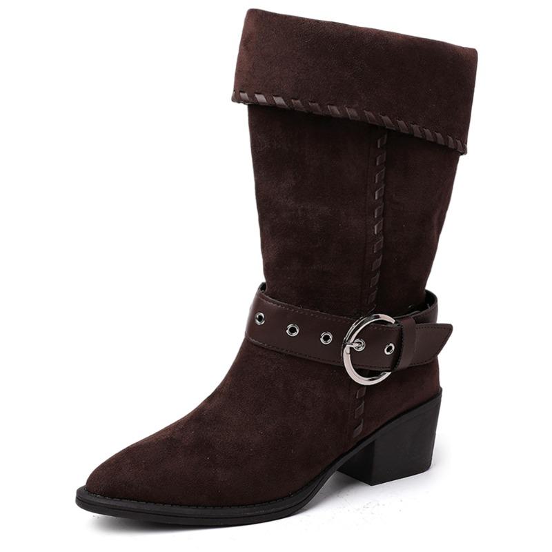 Fashion Vintage Pointed Toe Pleated Woman Western Cowboy Boots Fashion Slip On Thick Heel Knight Booties