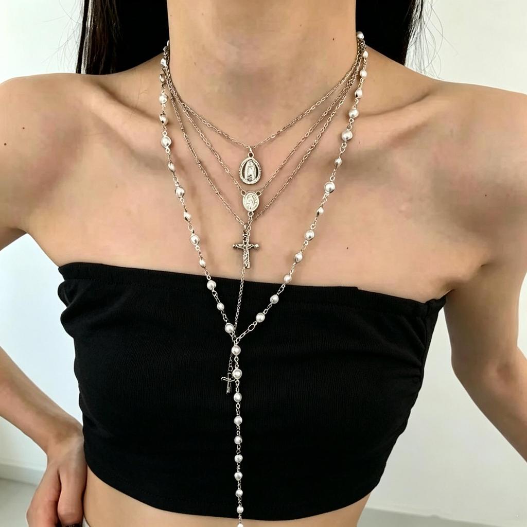 European & American Multi-Layer Stackable Cross Necklace: Luxury Metal Clavicle Chain for Women - Cool, High-End Style