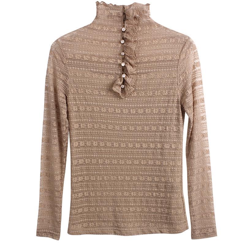 Aiyimaiyi 2023 Women's Autumn Mesh Lace Slim Fit Blouse with Half-High Collar
