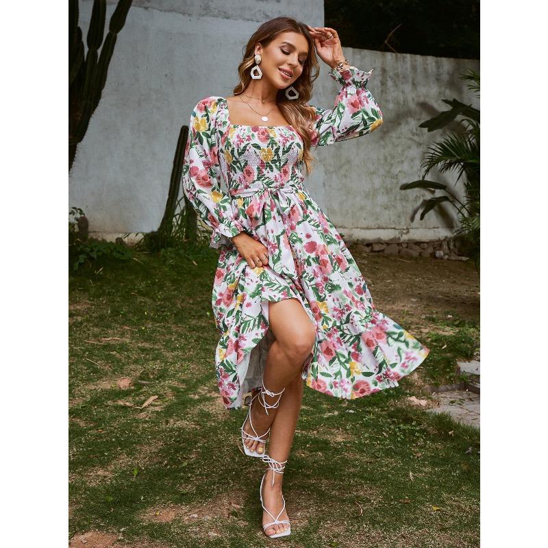 BITCED Fashion Summer Spring Long Sleeve Square Collar Casual Dresses