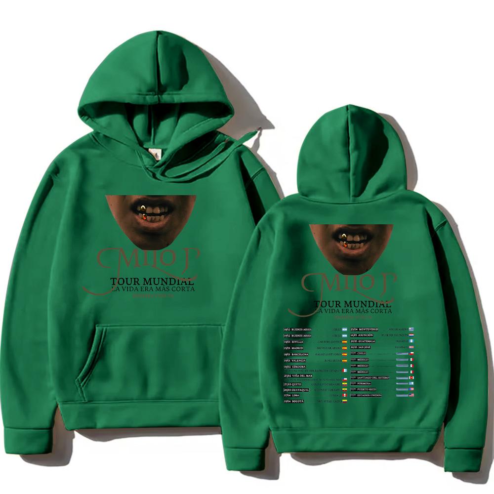 

Milo J Tour Mundial La Vida Era Mas Corta Hoodie Milo J Graphic Pullover Long Sleeve Thick Hip Hop Sweatshirt Unisex XS темно-зелений колір