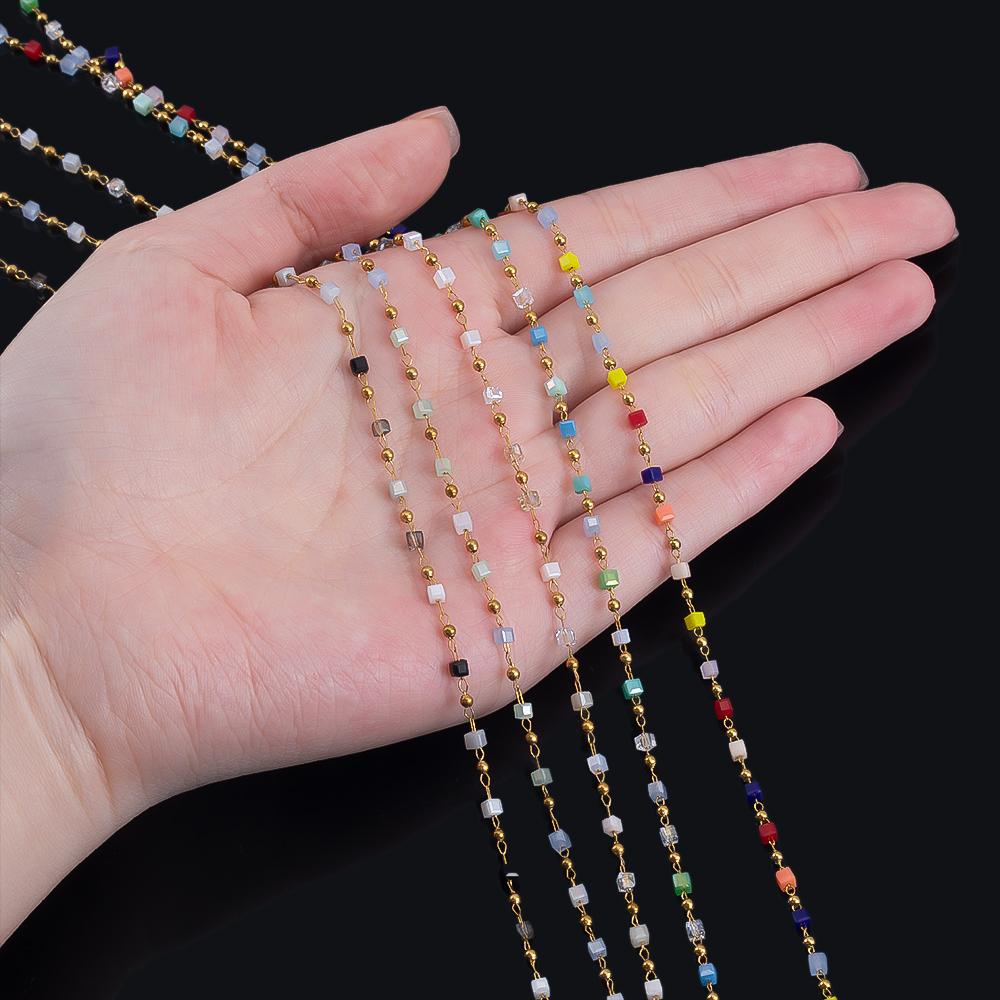 0.5M 1M 2.5mm Stainless Steel Chain Color Cube Square Glass Beads Chain for Jewelry Making DIY Boho Necklaces Bracelets Material