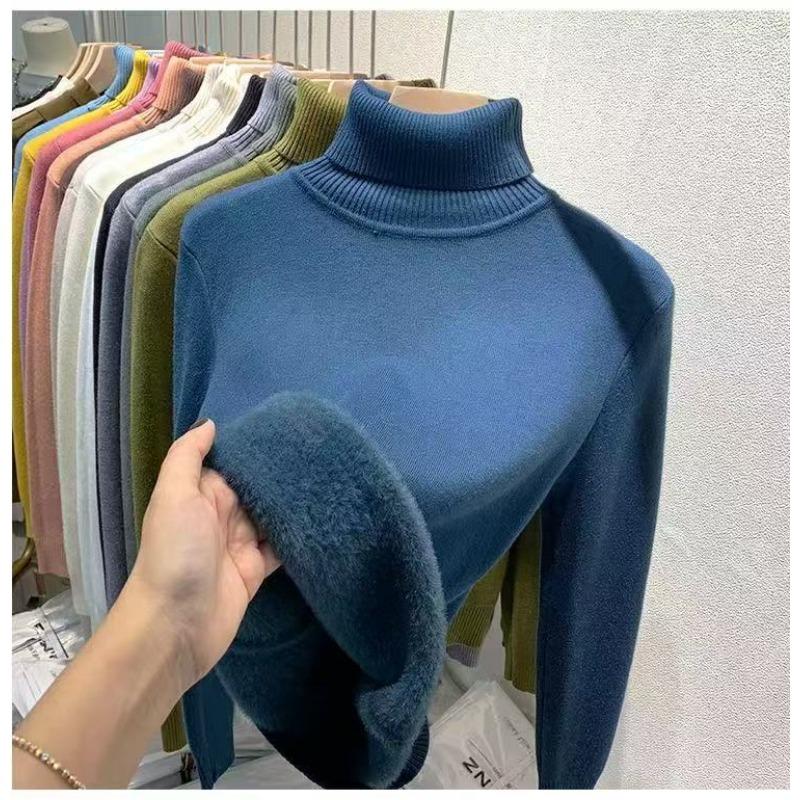 Winter High Collar Solid Color Velvet Warm Bottomed Sweater Women Simple All-match Knitting Pullover Top