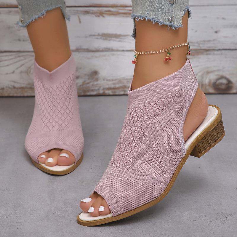 Fashion Knitted Hollow Thick Heel High Heel Women's Fish Mouth Sandals One Pedal New High Heel Sandals