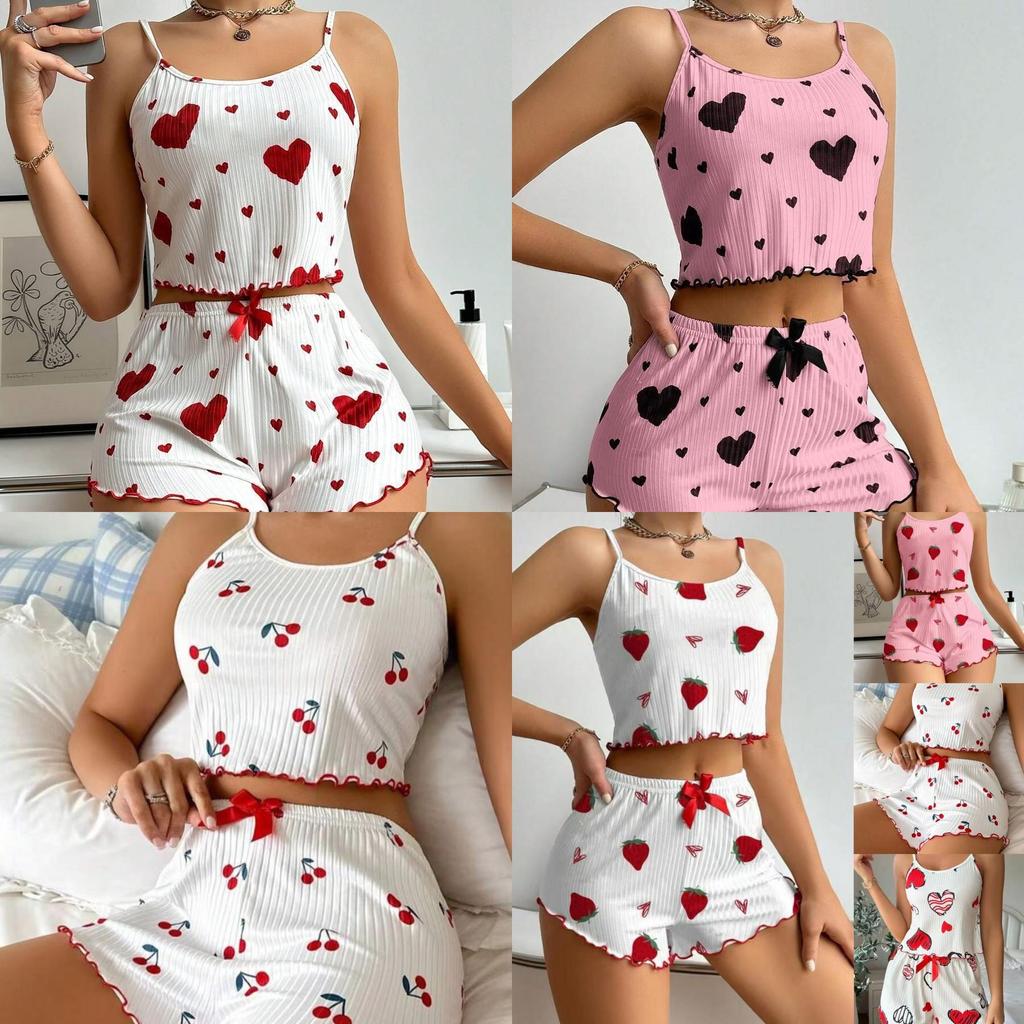 Romantic Heart Print Sleepwear Set With Stretchy Polyester For Young Women