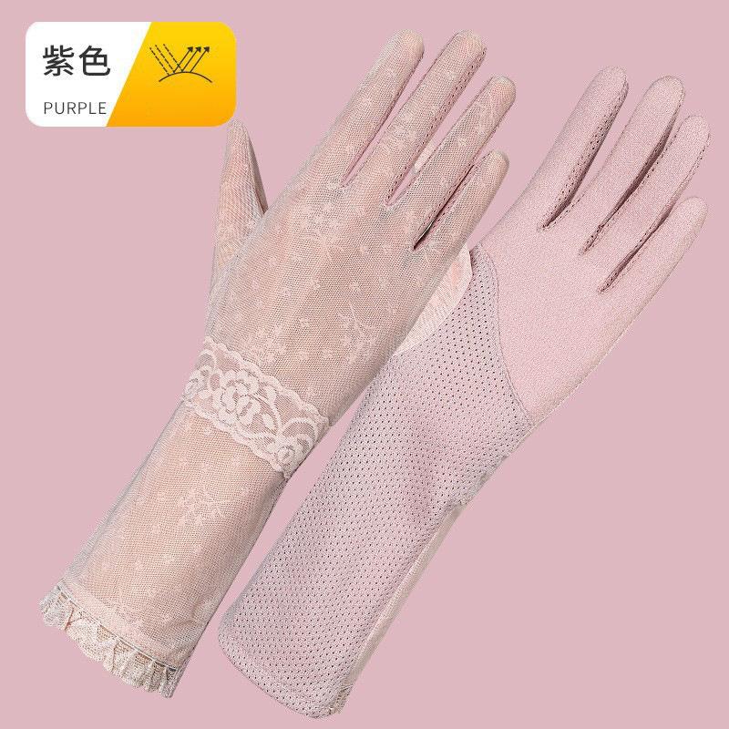 Sunscreen gloves women's thin driving non-slip ice silk breathable medium and long driving riding lace touch screen gloves