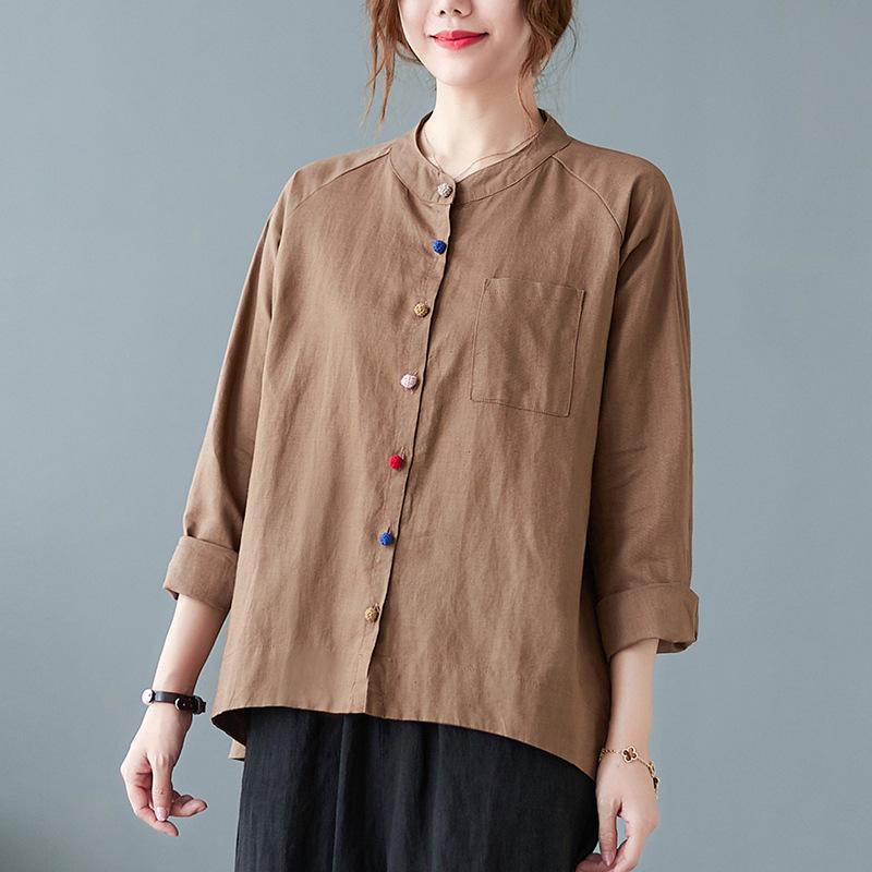 

Весна Осень Искусство Ретро Хлопок Конопля Цветная Пряжка Длинный Рукав Рубашка Однотонный Универсальный Верх Блузки и Рубашки XL темно-коричневого