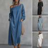 Baizihuahu Vestito Lungo da Donna a Spalla Singola con Maniche Lunghe, Tunica Casual in Cotone e Lino con Spacco Laterale, Vestito Estivo Largo con Tasche