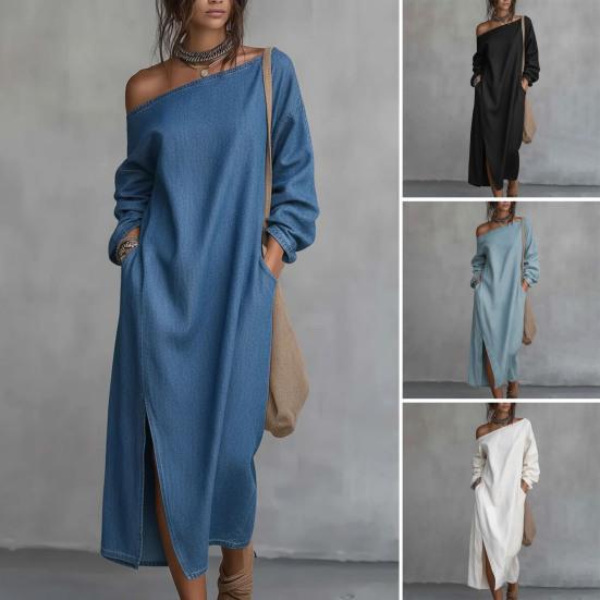 Nostalgie Women's One Shoulder Long Sleeve Maxi Dress, Casual Cotton Linen Tunic Side Slit Summer Loose Dress with Pockets
