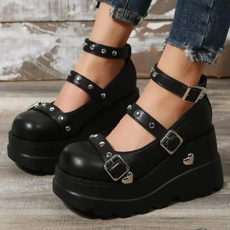 Women Pumps  Super High Heel Platform Wedge Spring Ladies Sandals Belt Buckle Classic Sweet Punk Female Lolita Shoes