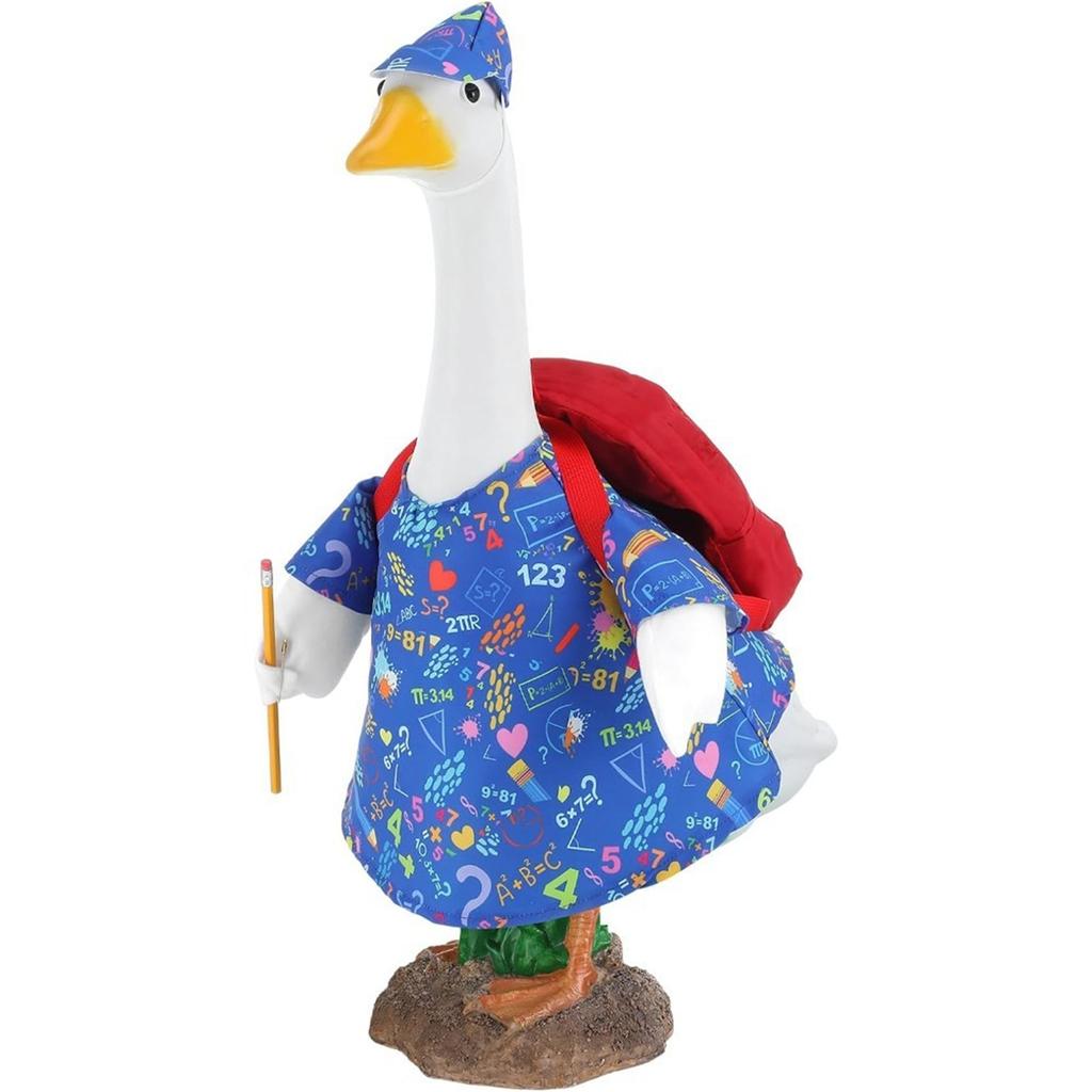3 Piece Porch Goose Costume Set Garden Courtyard Home Front Door Decoration Blue Goose Printed Dress Red Backpack