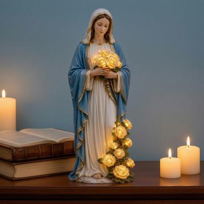 Virgin Mary Garden Light, Outdoor Mary Statue with LED Glowing Rose, Blessed Mother