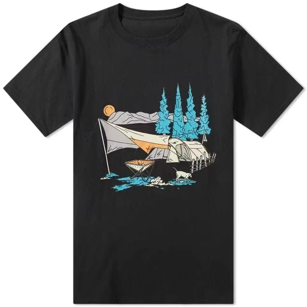 Mens 2025 Summer Outdoor Casual Tshirt Camping Theme Design Mountain Tent Tree Mens and Womens Fashion Cotton Top Comfortable