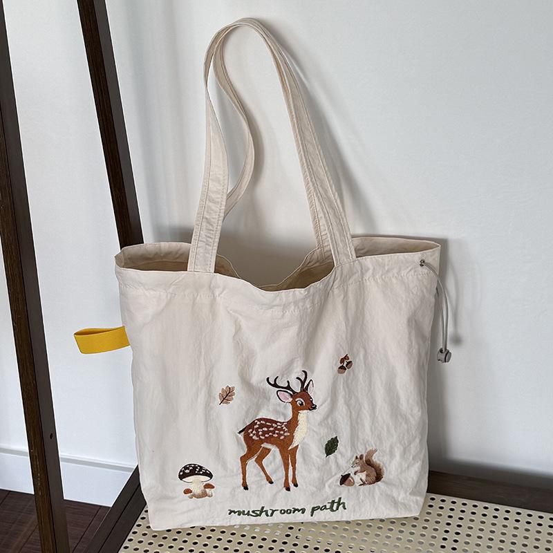 Carto Embroidery Nyl Shoulder Bags for Women Casual Student Ladies Large Capacity Tote Simple Female Drawstring Handbags
