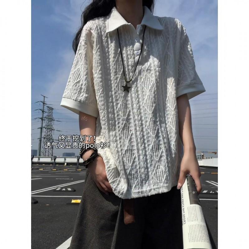 Womens Oversized Short Sleeve Polo T-Shirt Wheat Jacquard Casual Streetwear Couples