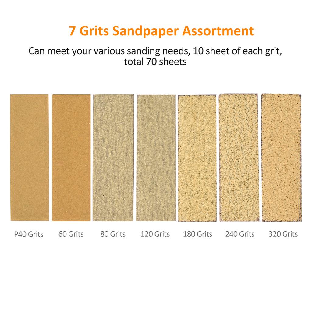 Micro Sander Kit 3.5x1 Inch Mini for Small Projects, Detail Handle Sanding Tools, 70 Sheets Sandpaper Wood 40 60 80 120