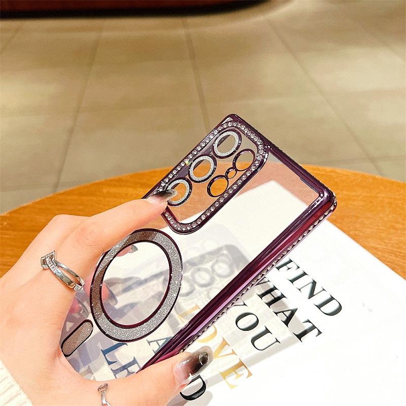 For Samsung Galaxy S25 Ultra Luxury Glitter Magsafe Magnetic Plating Diamond Frame Phone Case For Samsung S22 S23 S24 Plus Cover
