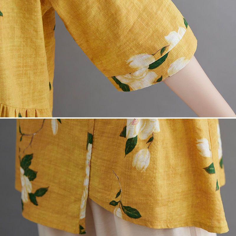 Móda pro matky středního věku Letní bavlněný a lněný oblek Letní luxusní nadměrná velikost Dvoudílný set s krátkým rukávem Tričko s krátkým rukávem + Kalhoty se širokými nohavicemi