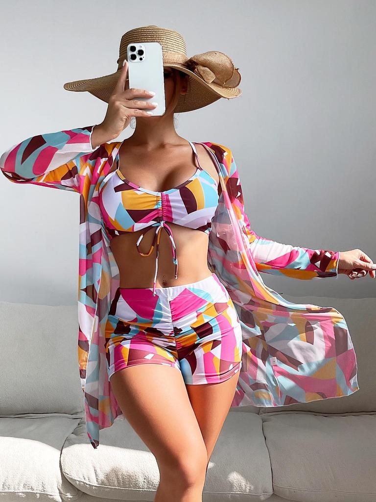 Mingyi European Mesh Blouse & Sexy Leg-Length Pants Three-Piece Swimsuit