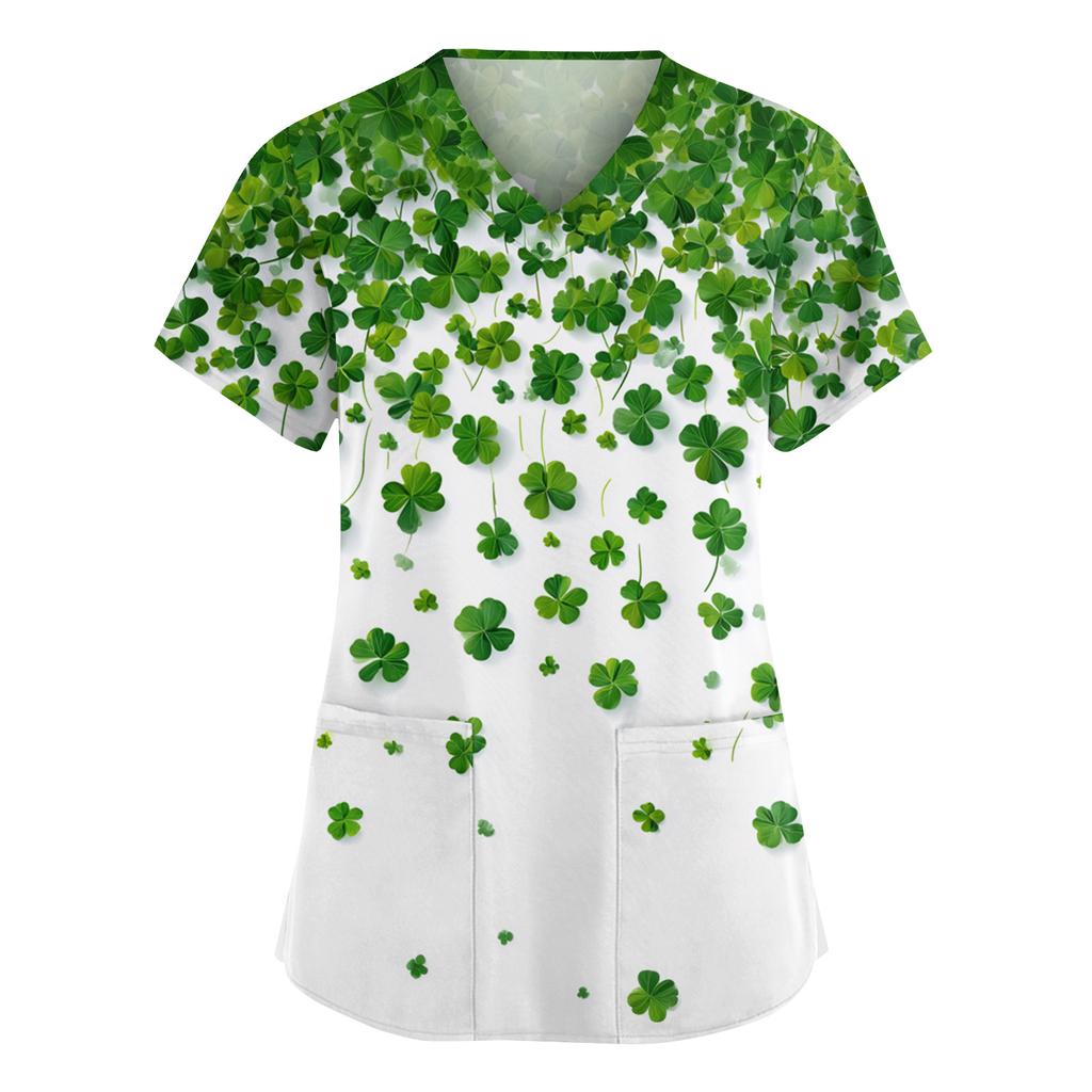 Women's Fashion V-Neck Short Sleeve Overalls With Pockets  Print Tops  Clothes