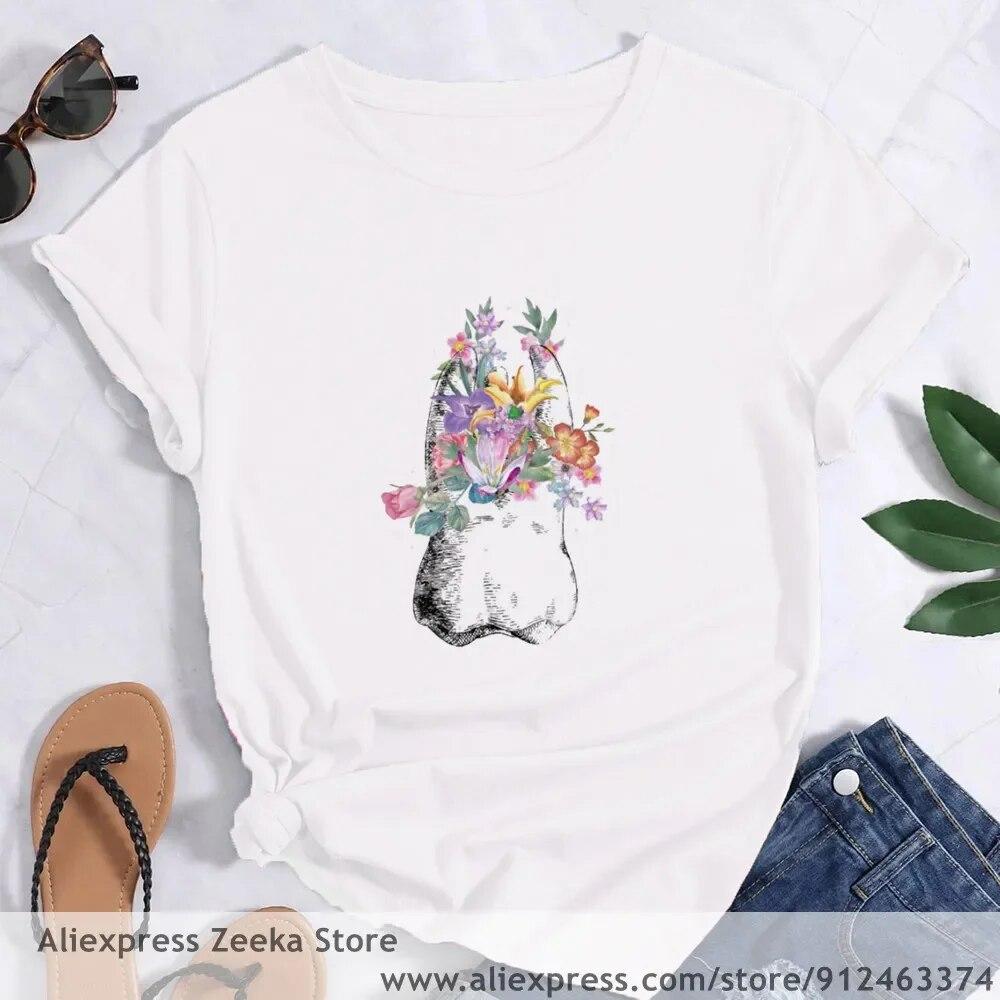 Zahn und Zahnarzt Grafik Ästhetik Frauen Lustige Print Damen T-shirt Mädchen Y2K Harajuku Basis O-kragen Weißes Hemd Kurze