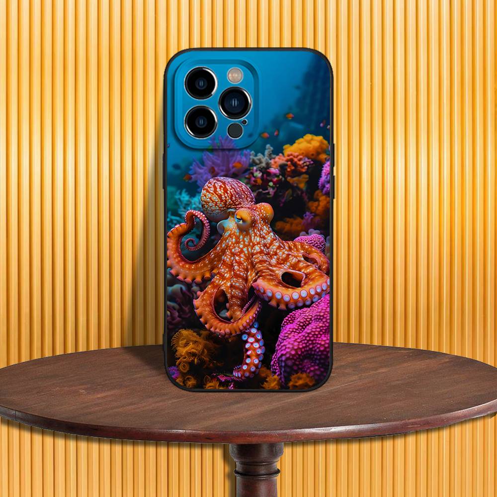 

Морской Осьминог Морская Жизнь Чехол для Телефона Для iPhone 17,16,15,14,13,12,11,Pro,Max,Plus,X,XS,SE4,E,Mini,Мягкий Черный Чехол iPhone12