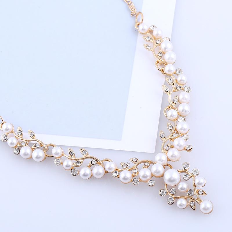 2pcs Women Leaf Pearl Necklace Earrings Two-piece Set Bridal Wedding Jewelry Accessories