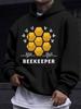 American Western Style Unisex Autumn Winter Print Hooded Long Sleeve Sweatshirt, Beehive Beekeeper Theme Print Hoodie, Outdoor Fun Trendy Casual Top,