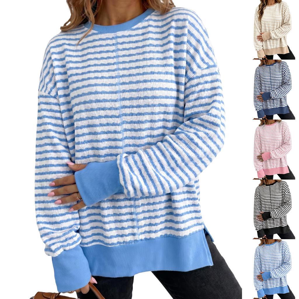 Women's Striped Side Slit Pullover Sweatshirt Loose Fit Long Sleeve Top for Fall Winter