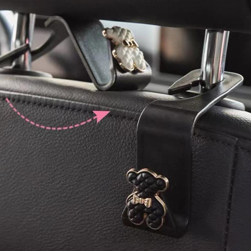 Car Seat Back Hooks Diamond Camellia Flowers Decor Cute Cartoon Bears Car Interior Storage Hook Handbag Hanging Holder
