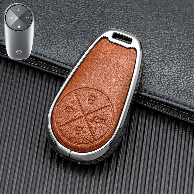 Key Cover for 2022 NIO ES6/ES8/EC6 - Double-Sided Leather and Metal Design, Unobstructed Signal Protection