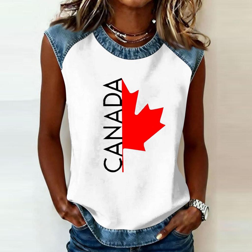 Sleeveless Pullover Casual T Shirt for Women Round Neck Loose Fit Printed Top with Raglan Sleeves and Contrast Trim
