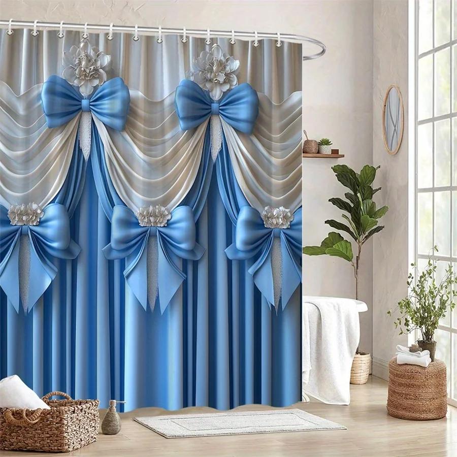 Opulent Blue Satin Bows Shower Curtain - Floral Embellishments, Cream Backdrop, Flowing Design, Bridal Showers & Fashion Decor