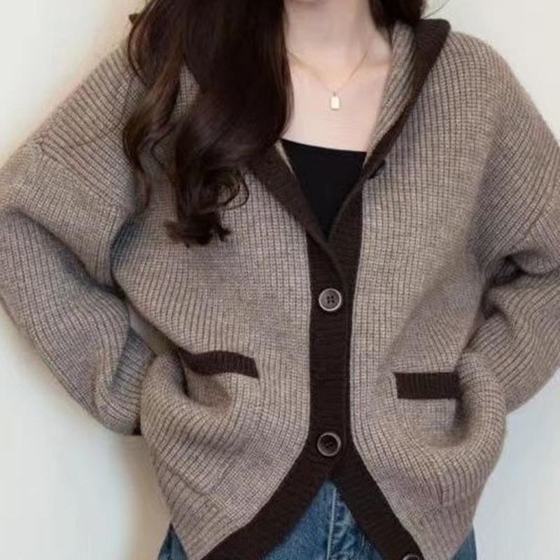 

Свободный свитер с капюшоном в стиле колор-блок, женский вязаный кардиган, толстое пальто One Size верблюд