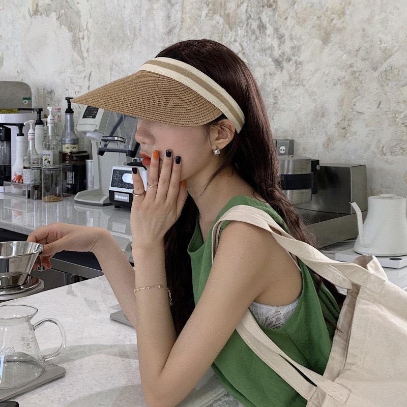 New Summer Raffia Straw Sun Protection Hat Open Top Straw Hat Striped Versatile Uv Protection Women'S Casual Baseball Cap