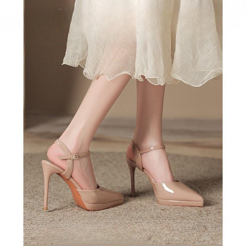 One-word Sandals with Bag Head for Women, New Waterproof Table Stiletto Patent Leather Nude High Heels