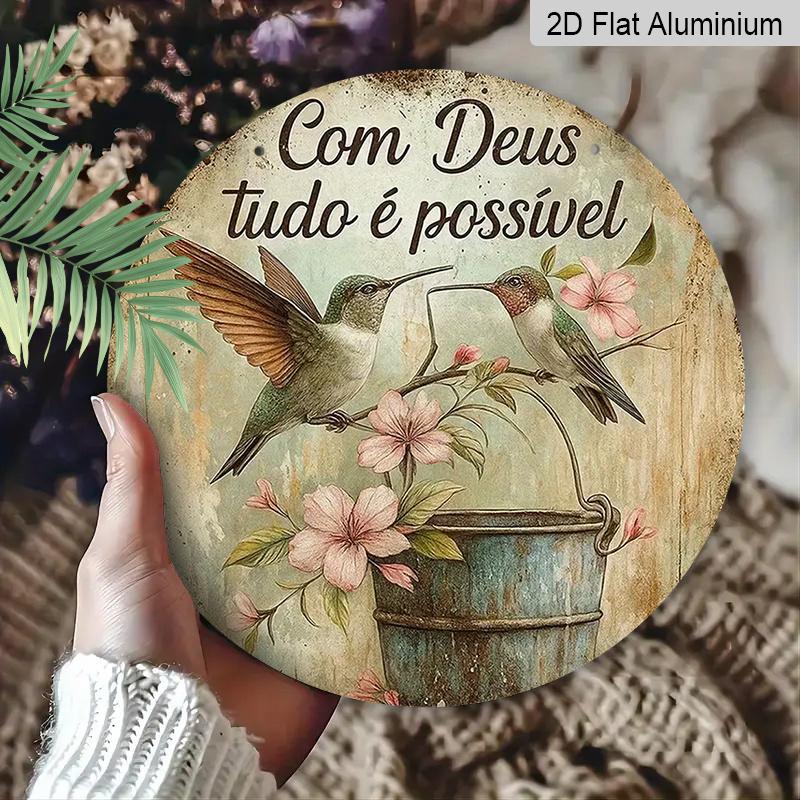 2D Flat Aluminum Wall Art with Vintage Hummingbird and Floral Design Portuguese Country Style 7.87 Inches X 7.87 Inches Perfect for Homes, Studios