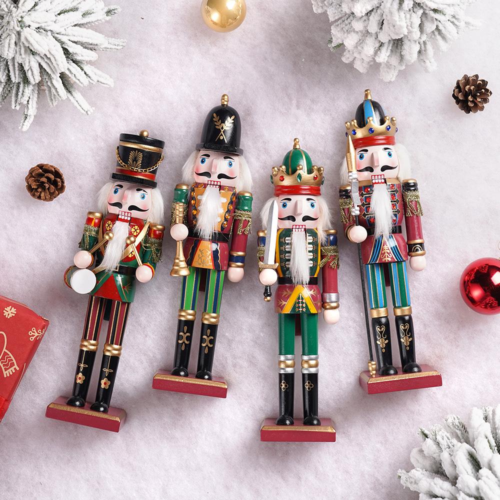 30cm Nutcracker Puppet Christmas Decor Wooden Handicraft Nutcracker Statues Home Office Table Ornament Holiday Christmas Gift