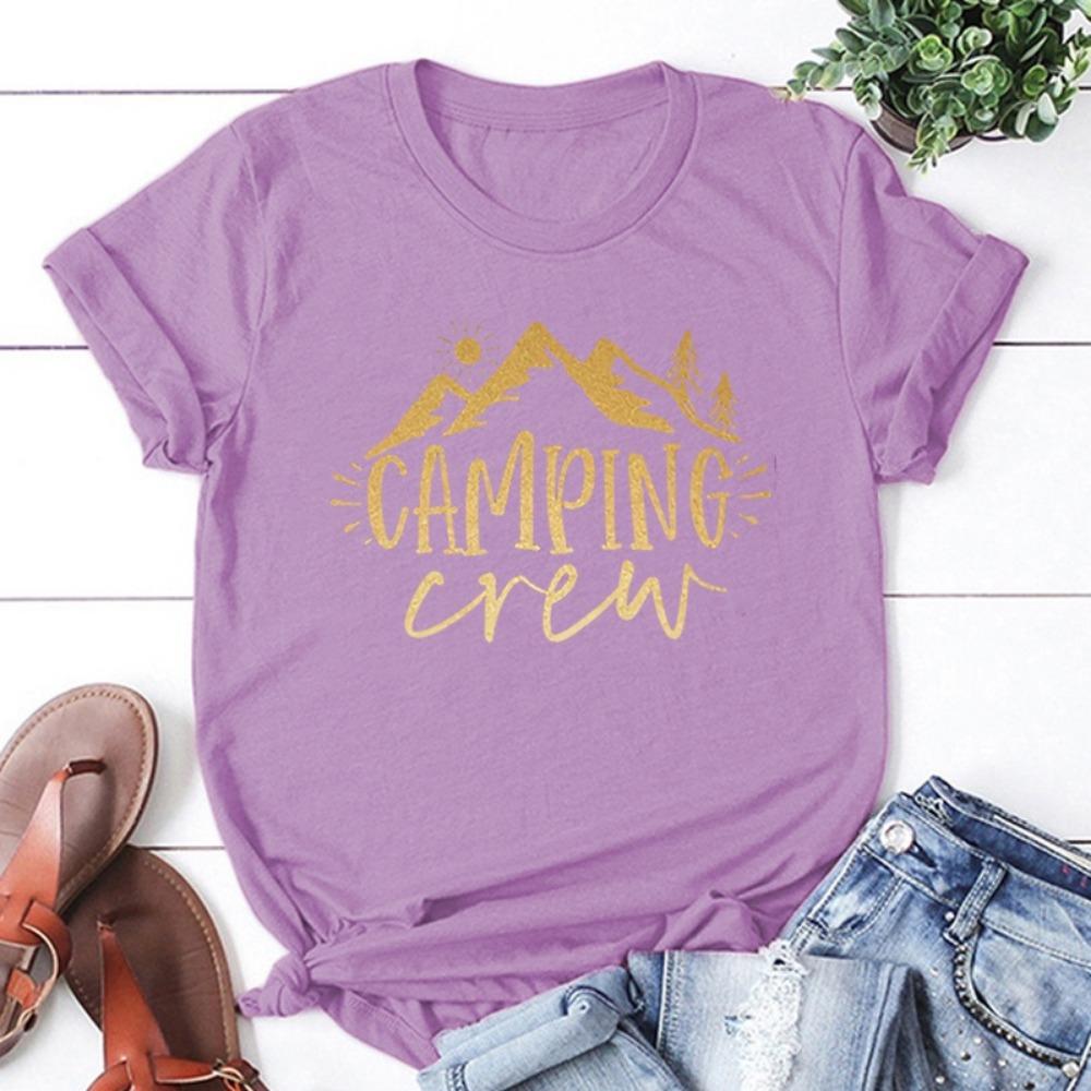 Funny Camping Crew Print T-shirt Summer Camper T-shirt Women Men Short-sleeved Loose