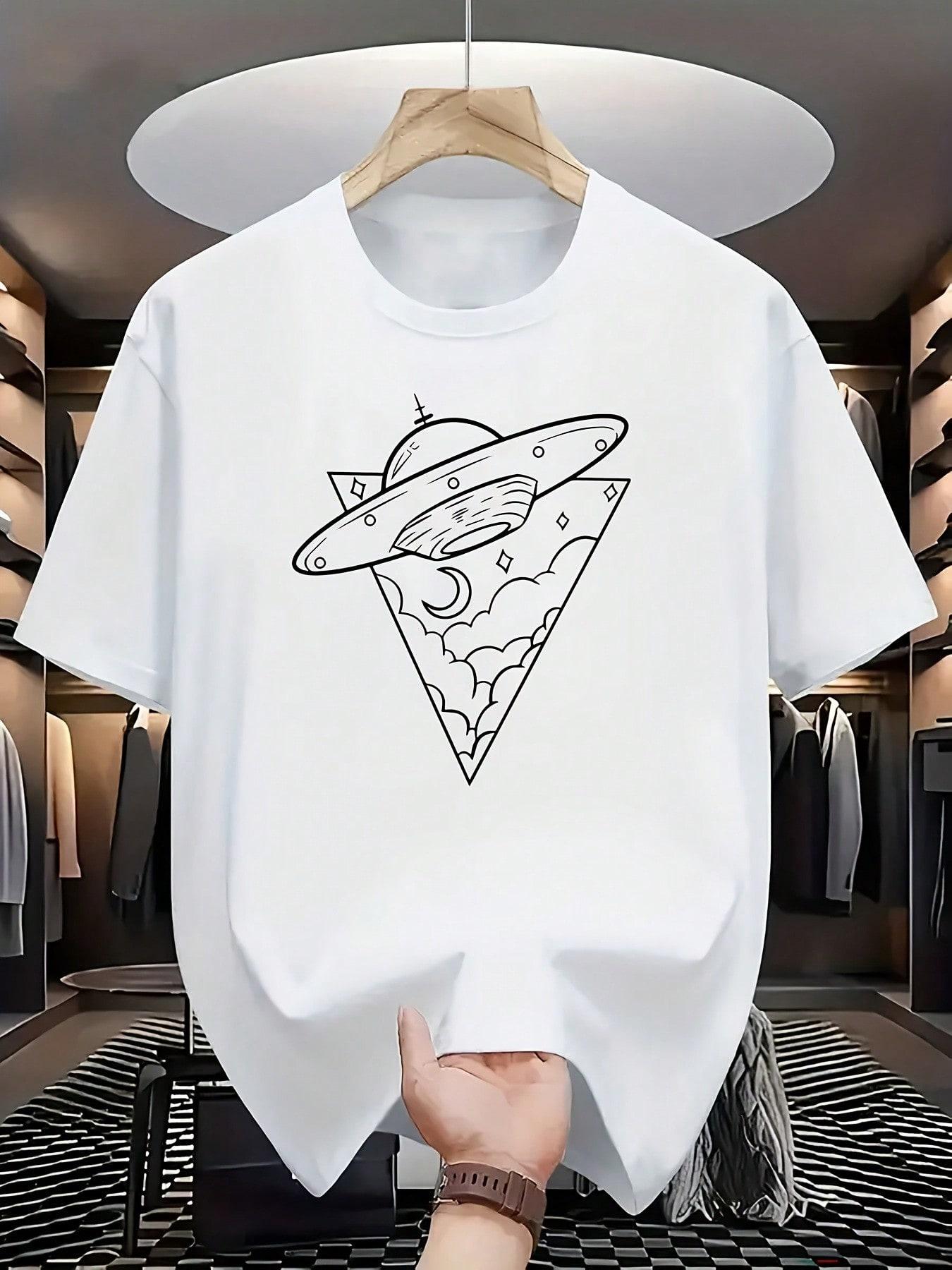 Round-Neck Short-Sleeve T-Shirt With A Triangular Print Design Combining Eleunisexts Such As UFOs, Clouds, And The Moon In A Space Sci-Fi Style. Expre S разноцветный
