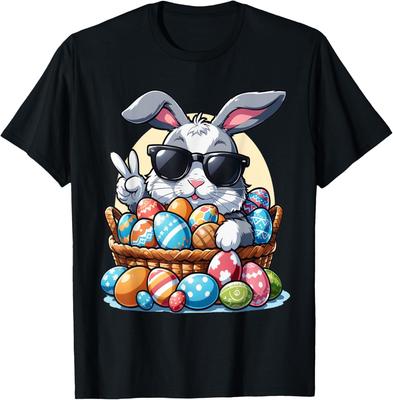 Cool Easter Bunny Sunglasses Peace Sign Egg Hunting Graphic Tee Casual Crewneck T-Shirt for Men Women