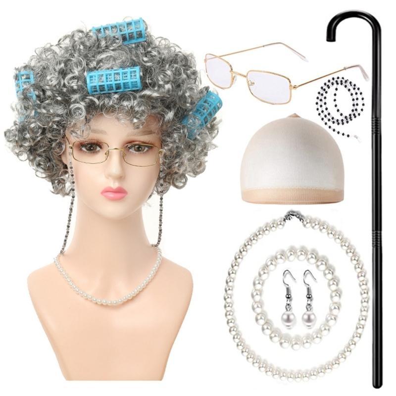 Halloween Grandma Costume Set Old Lady and Granny Glasses Props for Kid Girl F0S4