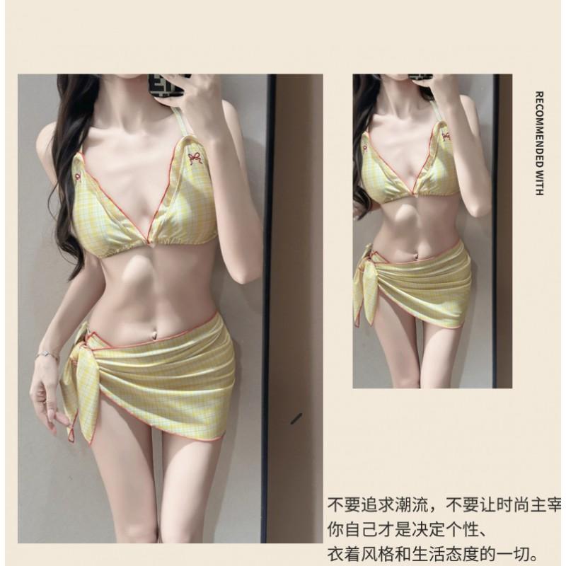 Womens Pink White Plaid Halter Bikini Set With Tie Side Bottoms Wrap Skirt Cover-Up Swimming Beach Vacation