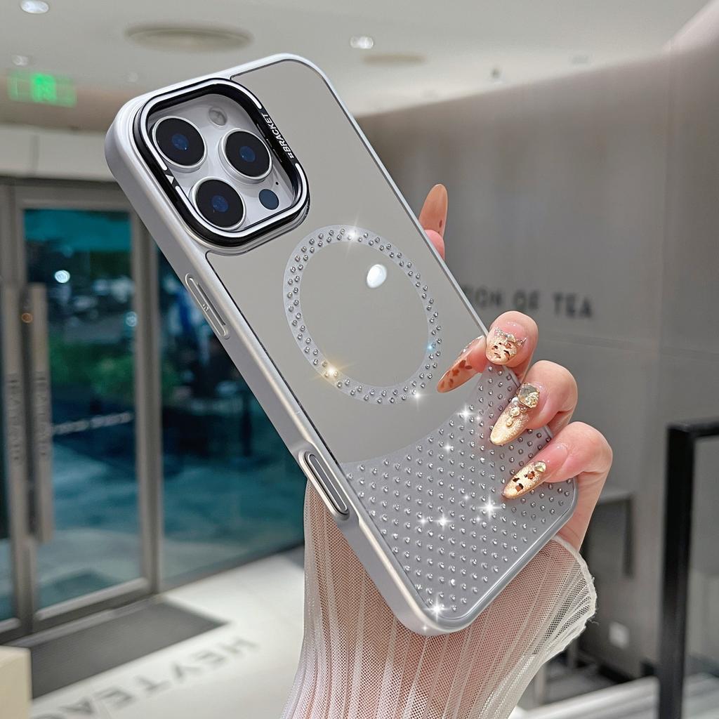 For iPhone 16 Pro Magnetic Case Mirror Surface TPU+PC Phone Cover with Lens Frame Kickstand